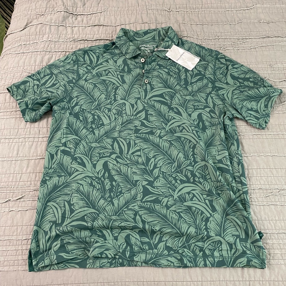 NWT Tommy Bahama green tropical print island zone polo large